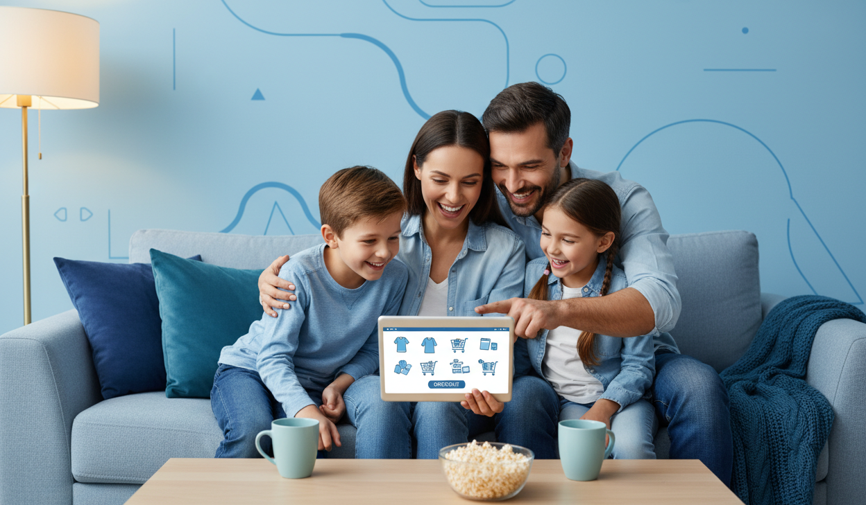 Create a banner that bluish theme a family shoping online 